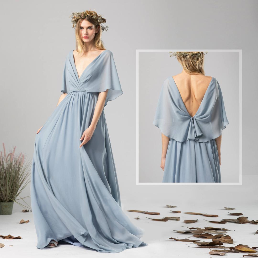 

2019 chiffon dress deep v-collared fashion dress evening dresses, Blue