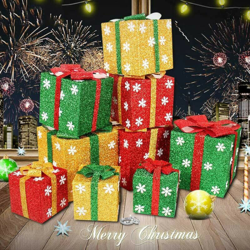 

New Christmas Gift Box Ornaments Snowflake Glitter Present Boxes Yard Home Decor