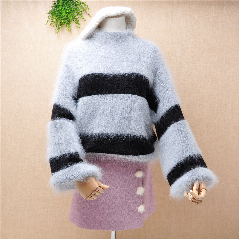 

ladies women fashion stripped hairy fuzzy mink cashmere long lantern sleeved loose pullover angora fur knitted winter jumper top, Body62cm chest106cm