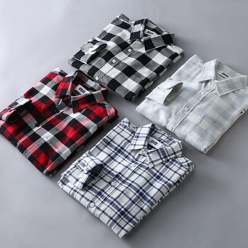 

Autumn men fashion loose single breasted long sleeve flannel fabric cotton casual plaid shirt, 7 collar no button