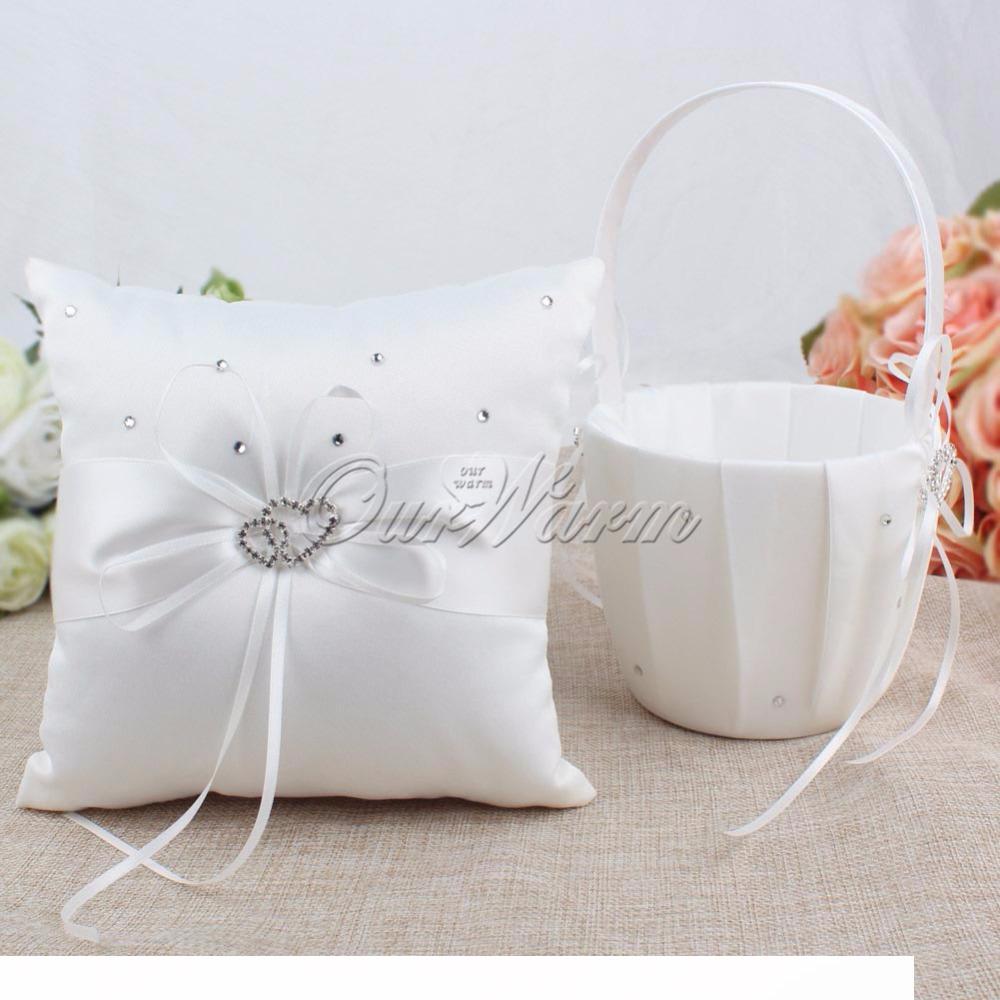 2pcs Doble Coj/ín De Almohada De Anillo De Corazones Y Conjunto De Cesta De Ni/ña De Las Flores Decoraci/ón De La Boda Azul