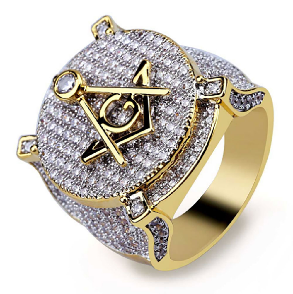 

Luxury Hip hop Freemason Symbol Masonic Rings Mens Micro Pave Cubic Zirconia Bling Bling Simulated Diamonds 18K Gold Plated Ring