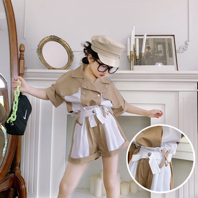 

Baby Girls Tooling Set 2020 Summer New Korean Version of the Children's Shirt Shorts Belt Chiffon Temperament Three-Piece Suit