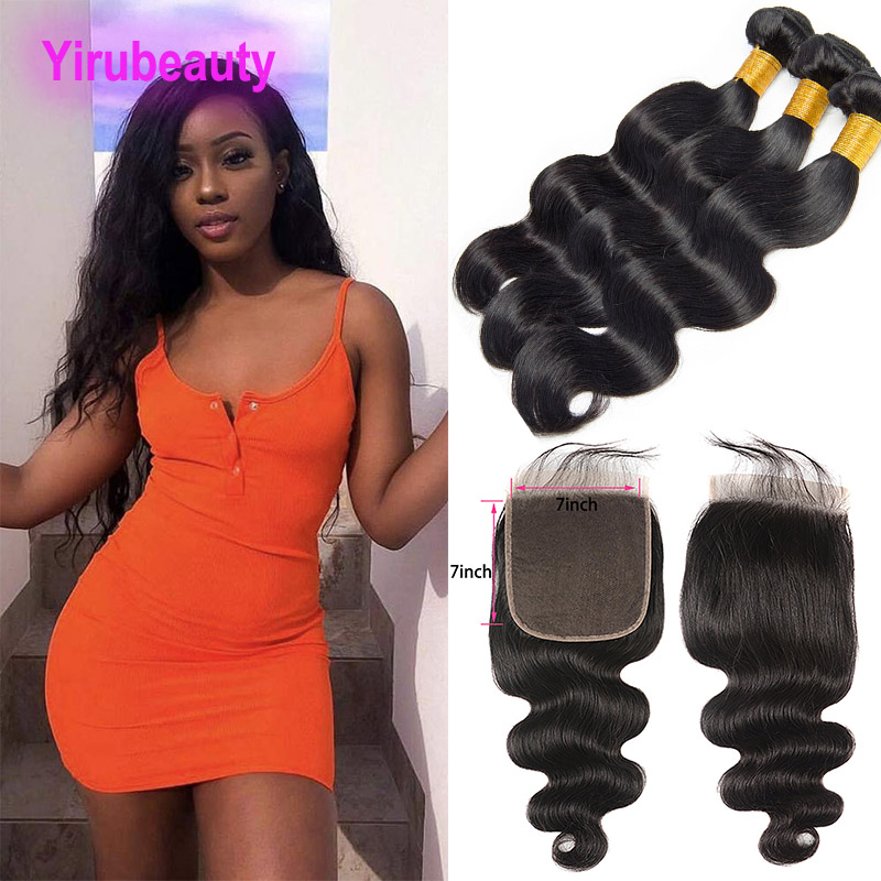 

Indian Virgin Hair Bundles With 7X7 Lace Closure Middle Three Free Part Body Wave Hair Products 8-30inch Natural Color