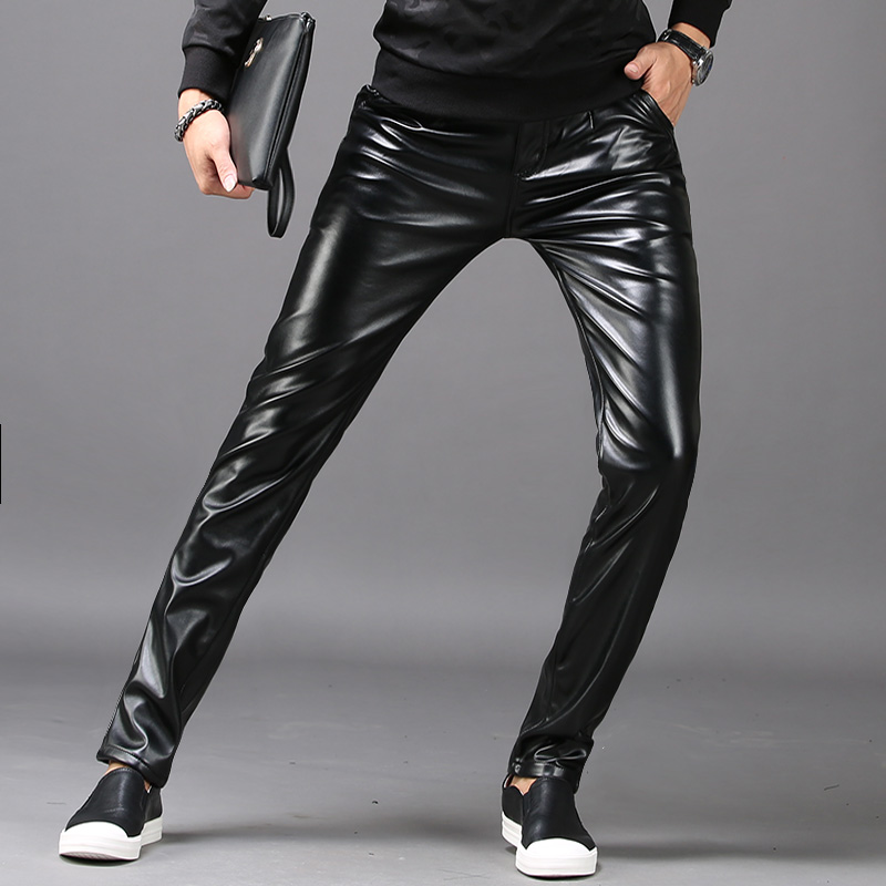 

Men's Leather Pants Slim Style Waterproof Oil Working Trousers Thin Sexy Feet Bottom Fall Winter Streetwear Men Clothes 2020, Black