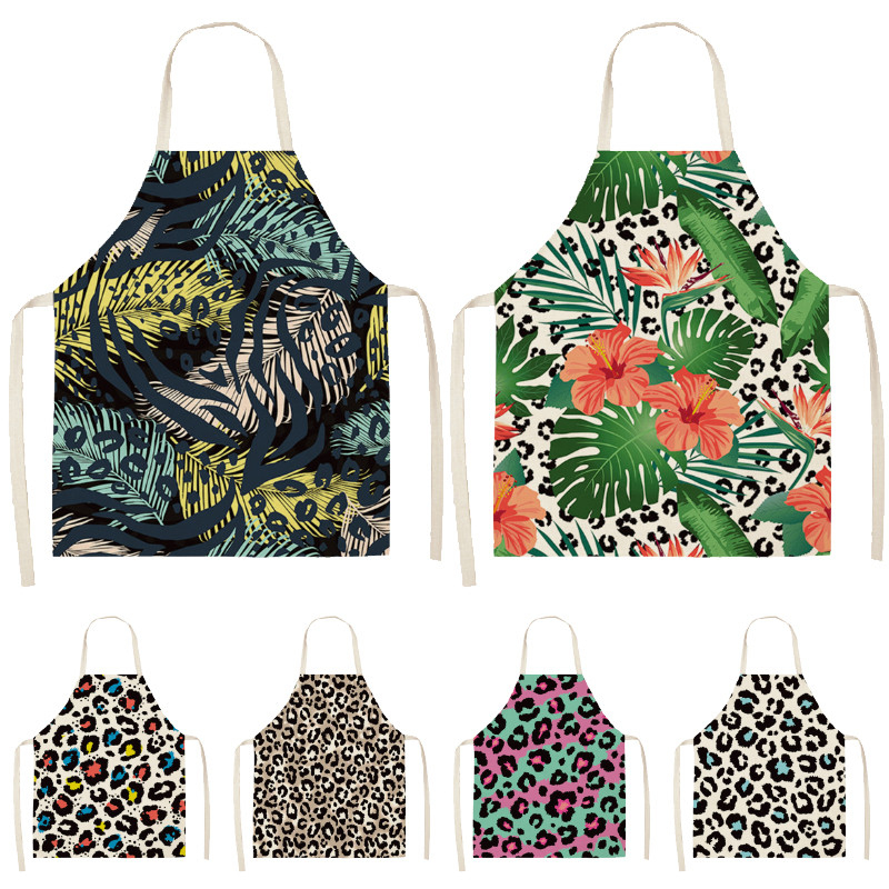 

Leopard Print Flower Printed Sleeveless Aprons Kitchen Women Cotton Linen Pinafore Home Cooking Baking Waist Bib 53*65cm WQL0155