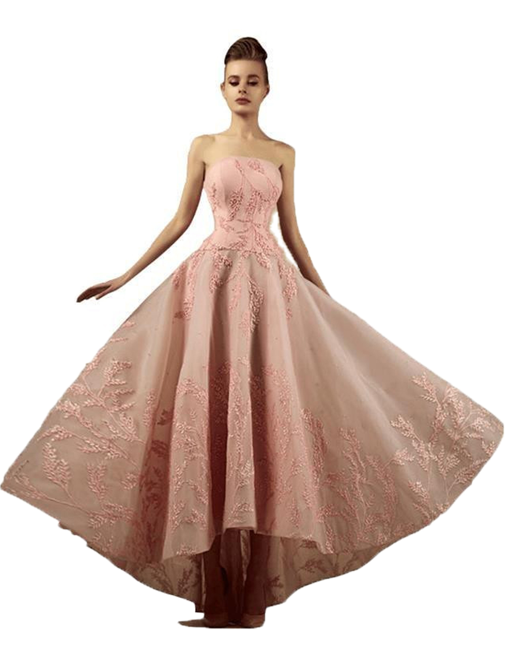 Rose Robes de bal sans bretelles ligne Haut Bas sans manches en dentelle occasions Appliques Formal Robe Plus Size Robes de soirée