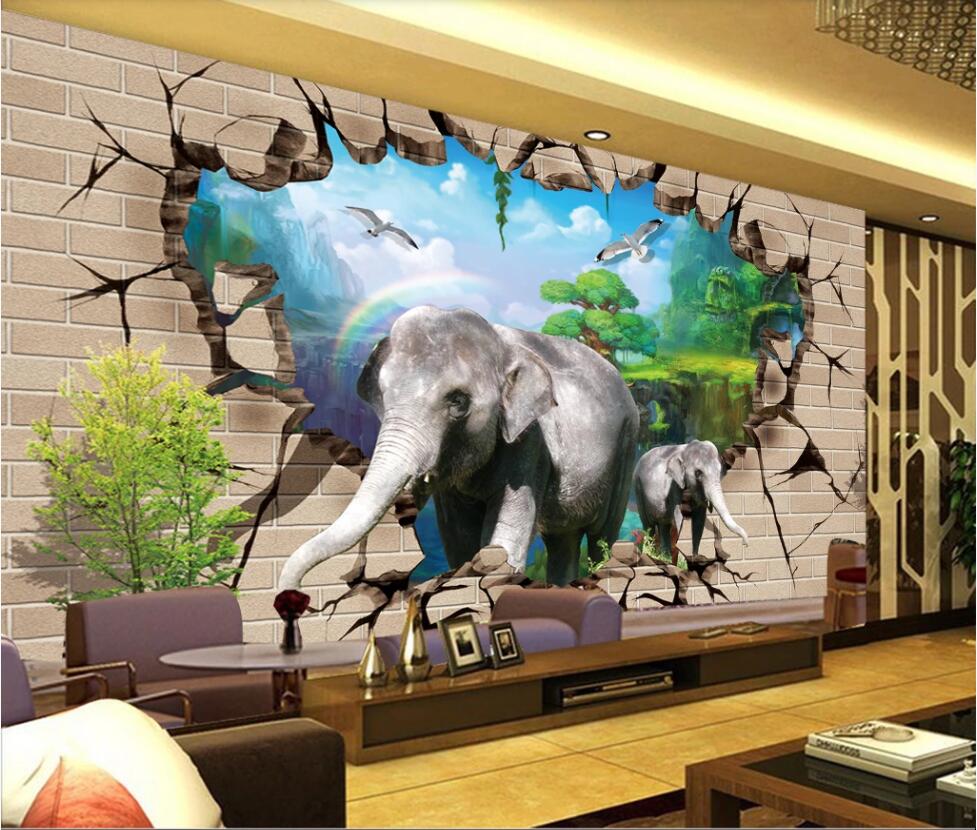 

3d wall murals wallpaper for walls 3 d Elephant breaking the wall landscape custom photo mural living room home decor background, Non-woven wallpaper