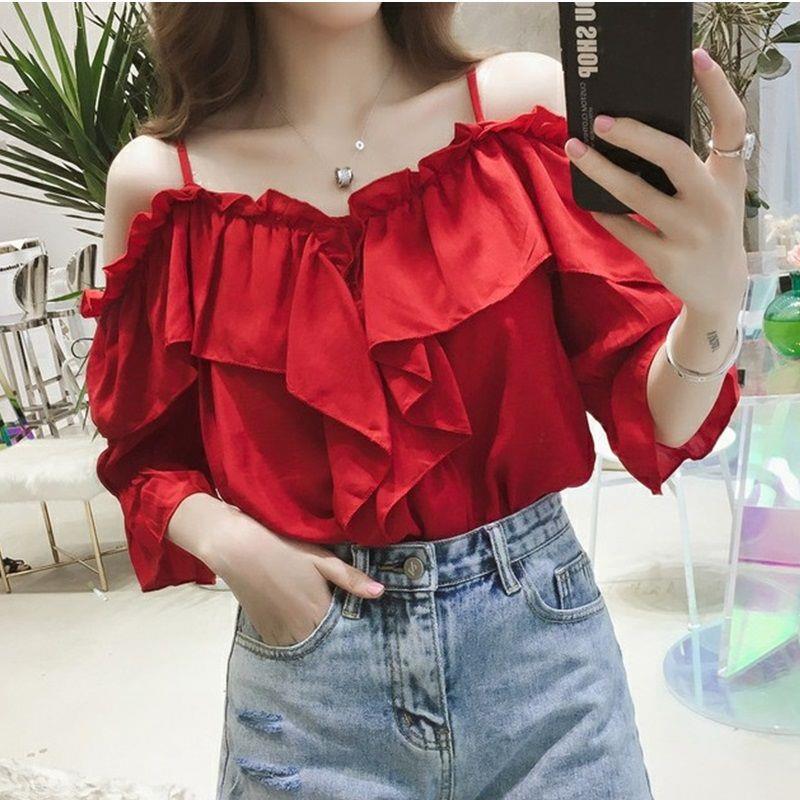 

Elegant Women' Spring Summer Chiffon Blouses Elegant Sexy Temperament Half Sleeve Shirts Casual Women' Tops DF3222, Black
