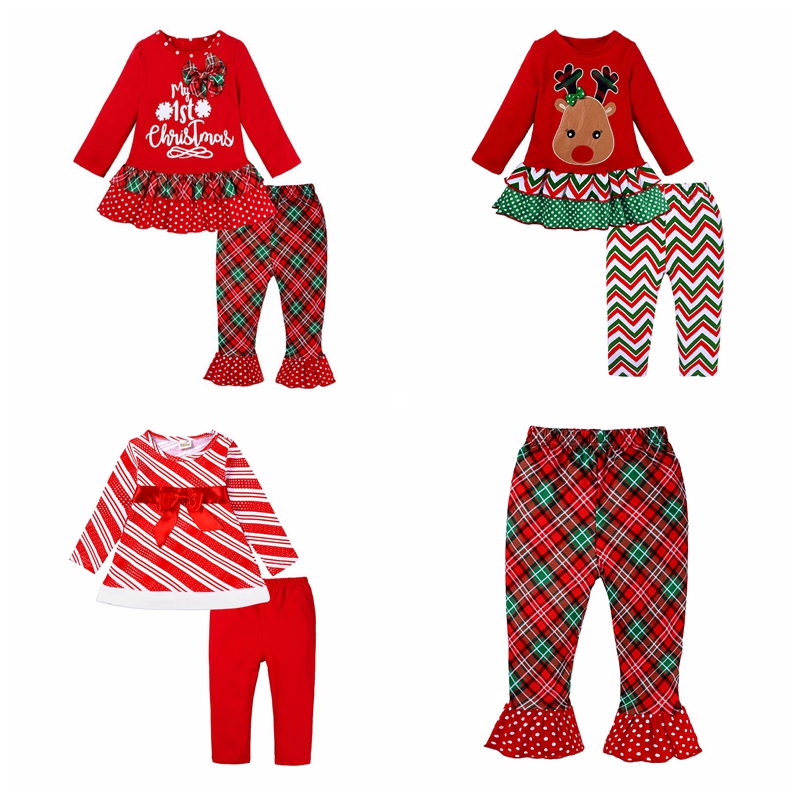 

New design baby girls christmas clothing set red color long sleeve children X'mas holidays 2pcs outfit suit, Style 1