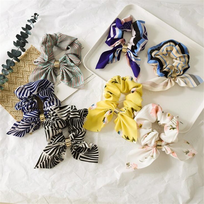 

New Arrival Fashion Chiffon Ribbon Printed Flower Elastic Hair Bands Rubber Band Round Elegant Alloy Scrunchies For women Girls
