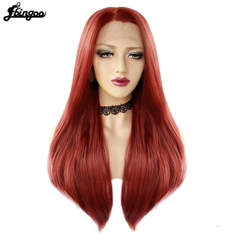 

Ebingoo High Temperature Fiber Long Straight Wine Red Synthetic Lace Front Wig Middle Part for Women Daily Use, As pic