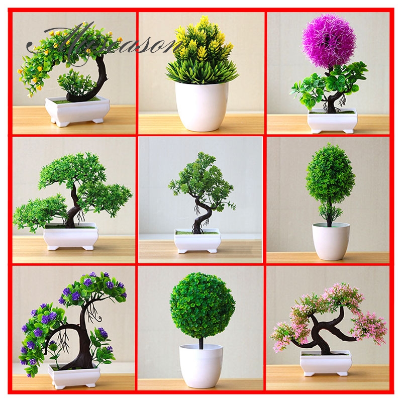 

HOT Artificial Plants Bonsai Small Tree Pot Plants Fake Flowers Potted Ornaments For Home Hotel Garden Decor green Pine tree, E1