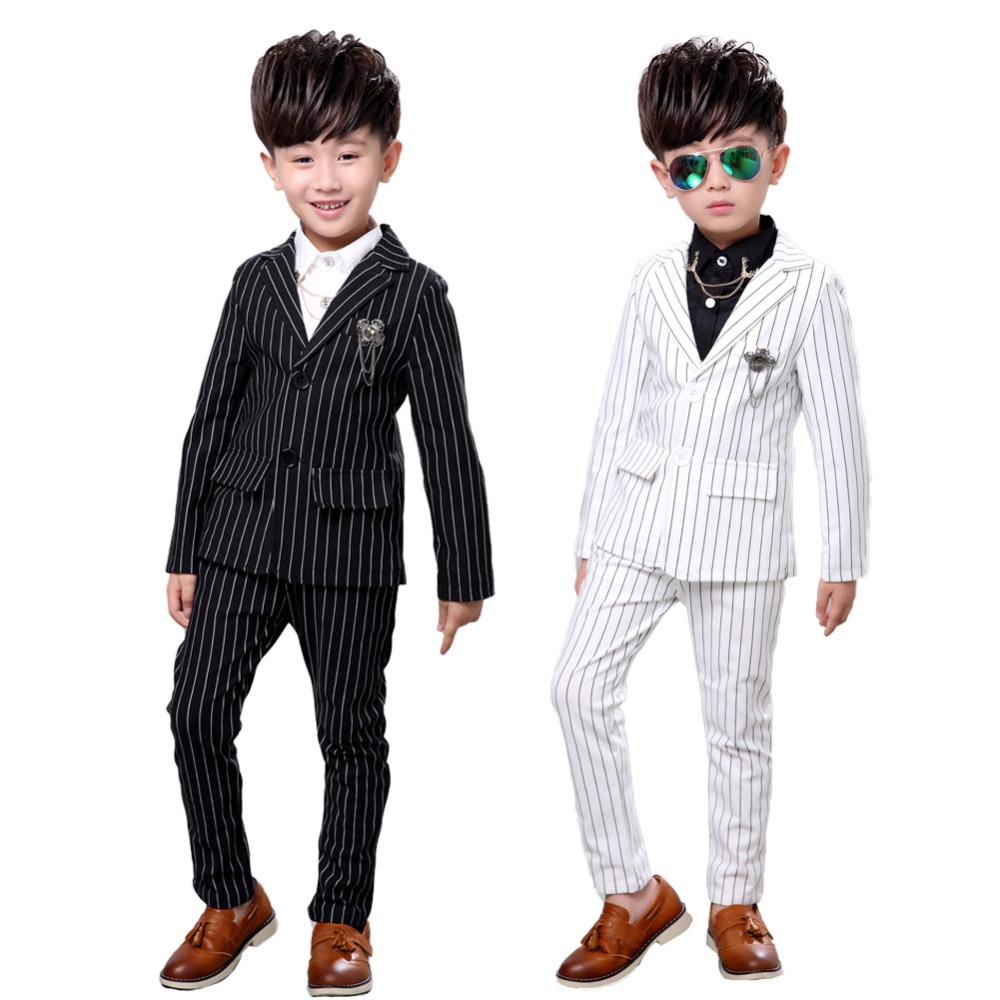 

Kids boys Strip White Black Formal Wedding Dress Suits Casual Wear Jacket Sets Slim Outfit