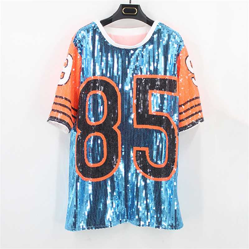 

Women's T Shirt Fashion Street Loose T-shirts Summer Costumes Clothes Short Sleeve Hip hop Tops New Sequined 85 long T-shirt, Black