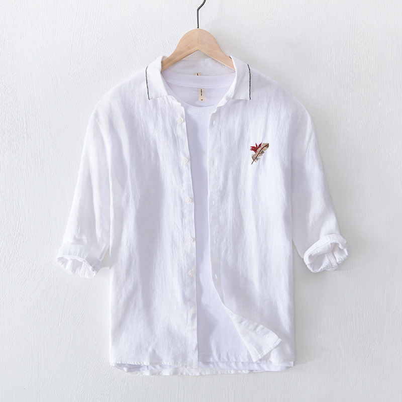 

Men Summer Fashion Japan Style High Quality Linen Embroidery Three Quarter Sleeve Single Breasted Shirt Business Casual Blouse, White