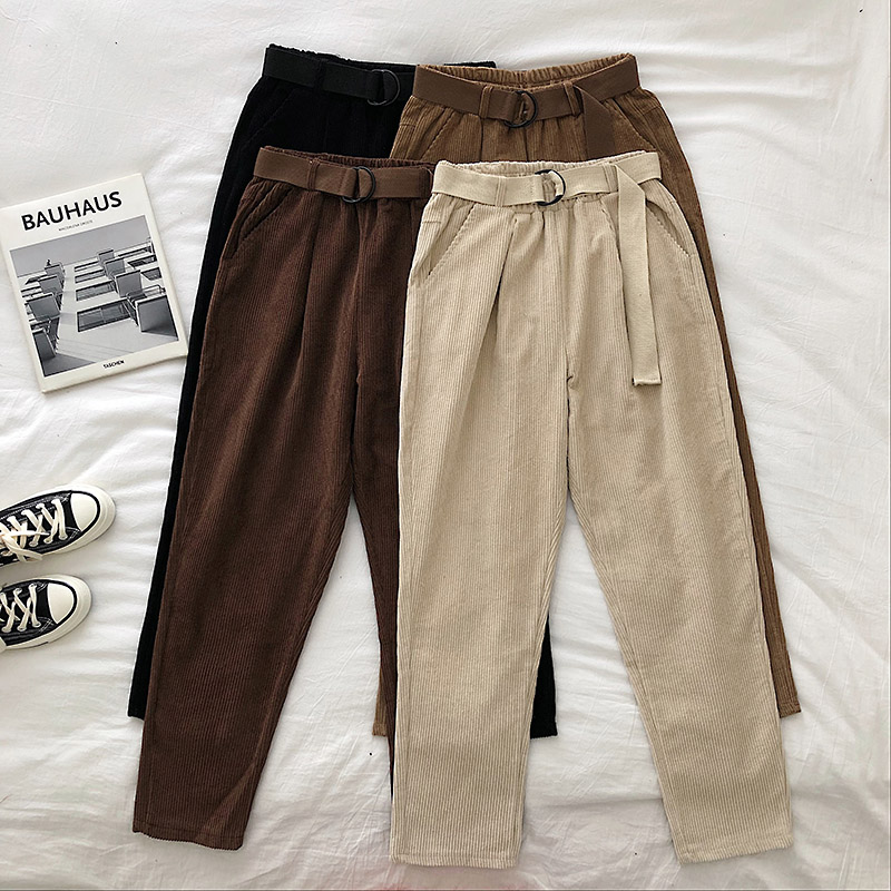 

Elastic Waist Corduroy Pants Female Autum Winter Casual Solid Women High Waist Sashes Trousers Slim Women Loose Harem Pants, Black