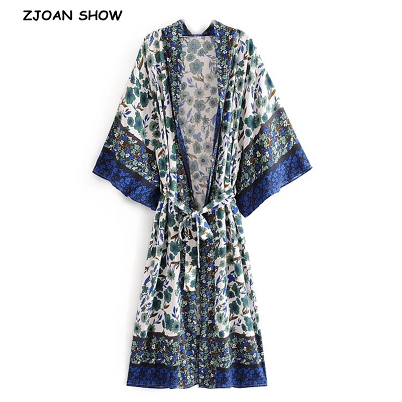 

2020 BOHO Blue Floral Print Long Kimono Shirt Hippie Women Lacing up Tie Bow Sashes Long Cardigan Loose Blouse Tops Holiday