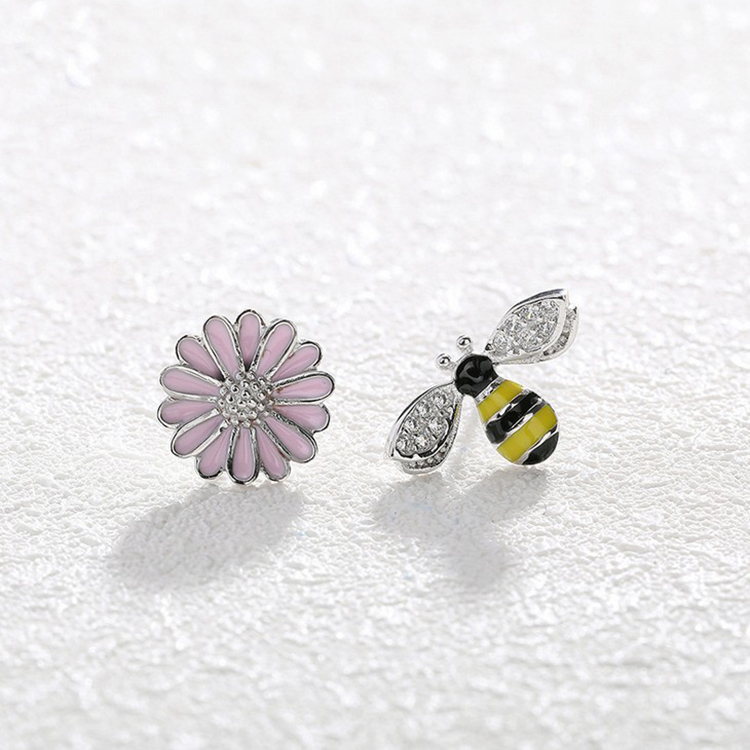 925 Sterling Silver Asymmetrical Sun Flower Bees Charm Stud Post Earrings For Women Girls Jewelry