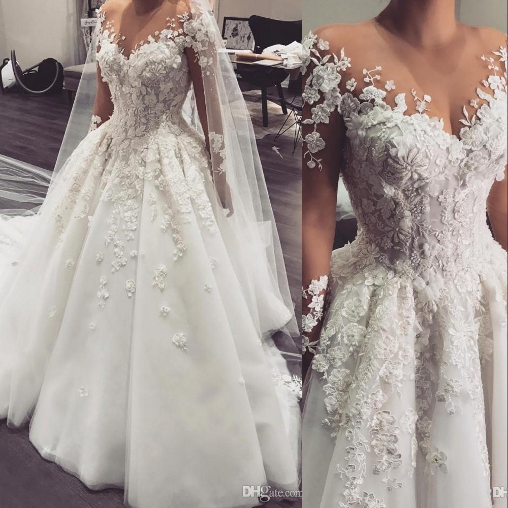 

Modern New A Line Wedding Dress Illusion Jewel Neck Long Sleeves Lace Appliques 3D Floral Flowers Plus Size Court Train Tulle Bridal Gowns, Ivory