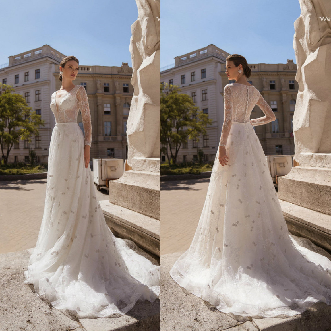 

2020 Bohemian Wedding Dresses V Neck Long Sleeves Lace Appliques Bridal Gowns Custom Made Button Back Sweep Train A-Line Wedding Dress, Red