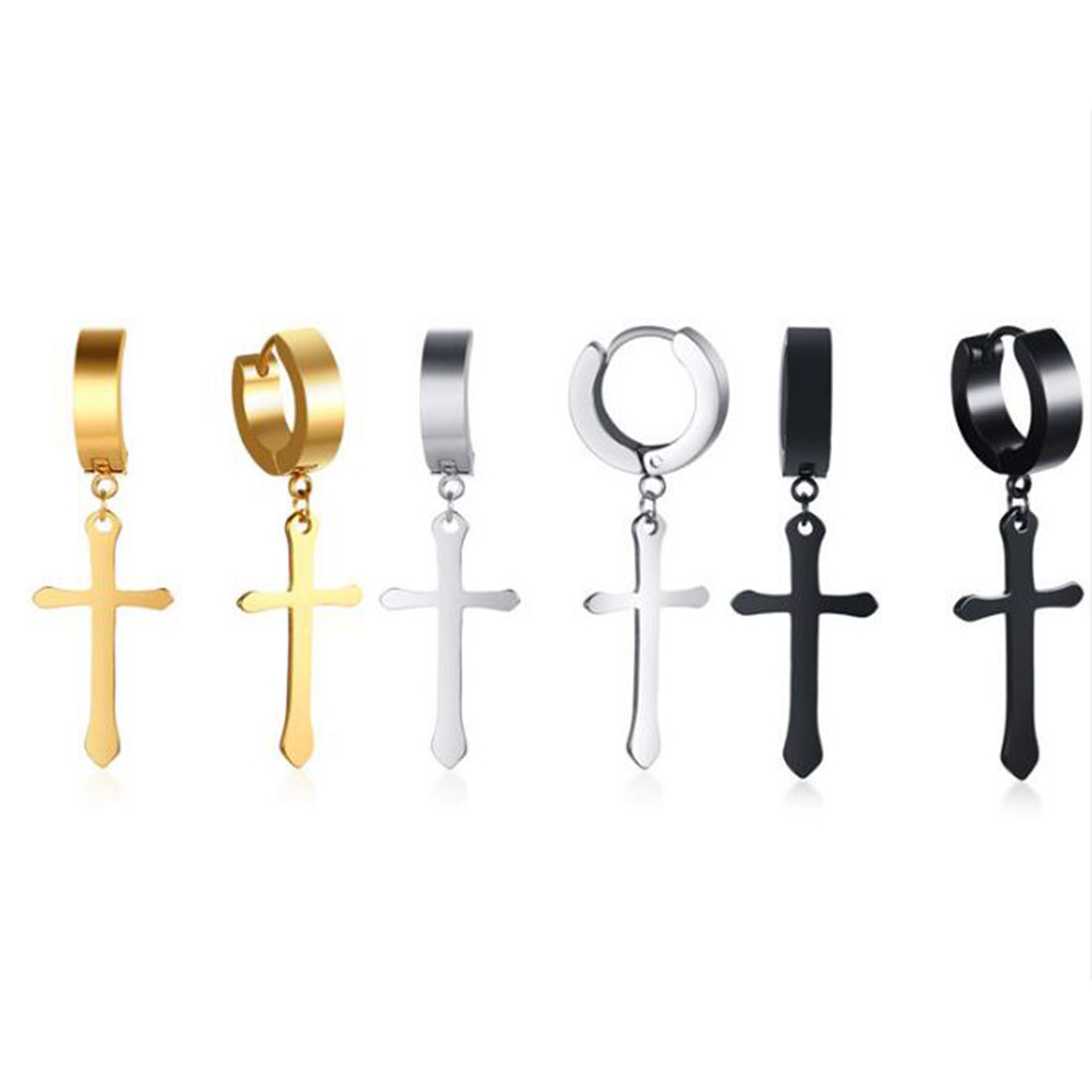 

Wholesale Shenzhen Factory High Polished Mens Hypoallergenic Stainless Steel Hoop Huggie Cross Charm Drop Dangle Earrings