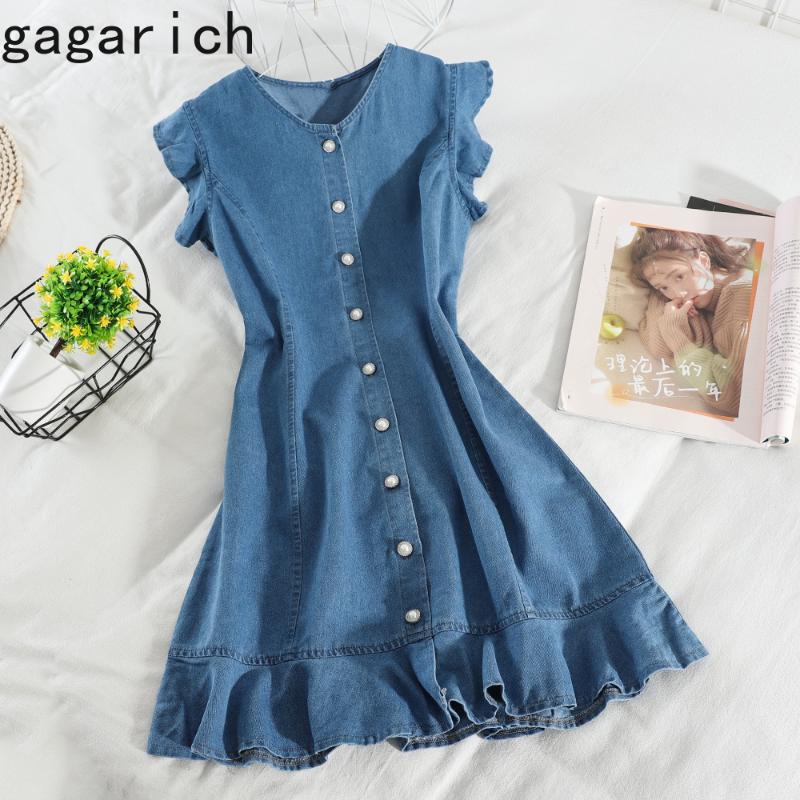 

Gagarich Women Denim Dress Casual Sleeveless Sweet Summer Wear O Neck Single-Breasted Slim Midi Vestido Fashion, Blue