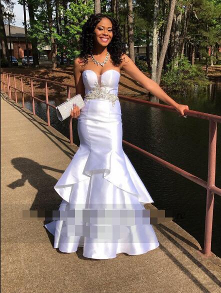 

White Mermaid Prom Dress Red Carpet Dresses Appliques Beaded Tiered Satin Formal Party Evening Gowns Vestido De Noche, Pink