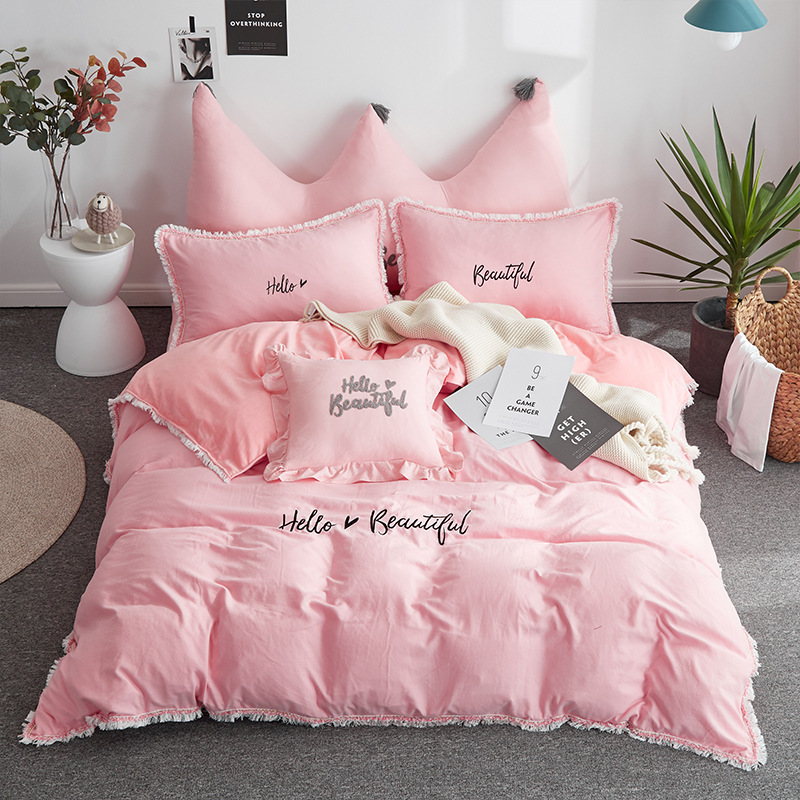 

Four Seasons Universal Bedding 4pcs Washed Cotton Embroider Hello Beautiful Letter Fringed Side Sheet Quilt Cover Princess Style, 4pcs a