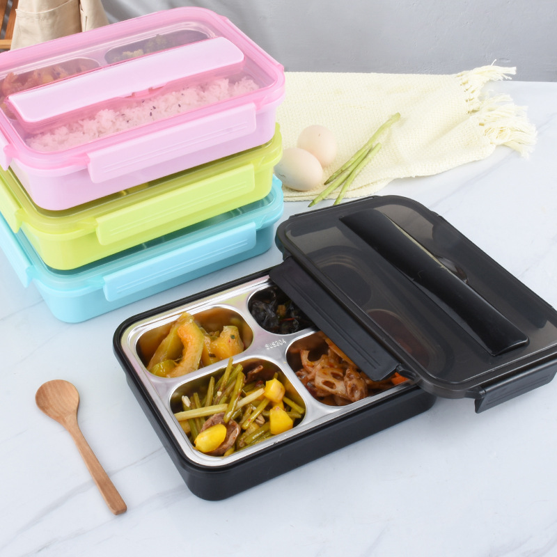 

3 Grid/4 Grid Bento Box 304 Stainless Steel Lunch Box Rice Boxes With Chopsticks Spoon For Student Portable Food Containers CCA11668 4pcs