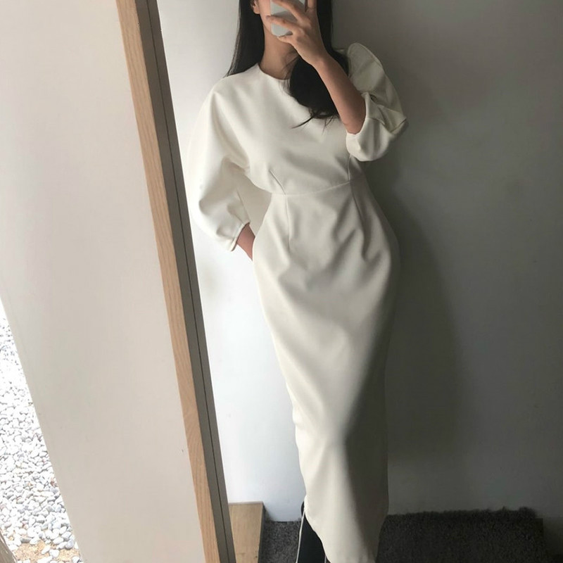 

Elegant Simple Women Package Hip Dress 2020 Autumn Winter Solid Slim Fit High Waist Female Long Dress Skinny, Black