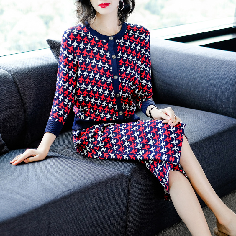 

Knitting Sweaters Pants Suit Set 2018 Autumn Winter Women' Two Piece Outfits Long Sleeve Print Cardigans Top Pants Sets, Purple