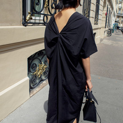 

Pluz Size Fashion Women Dress Bow Summer New 2020 Cotton Ladies Dress Bat Sleeves Solid Color Women Clothing V954, Black