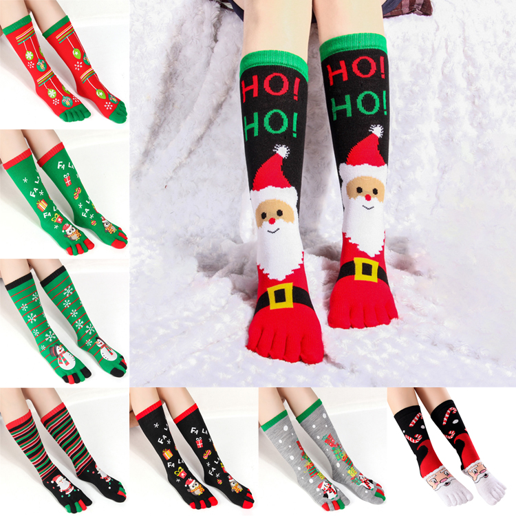 

Christmas stockings 8 styles Winter Long Sweat Absorbent Warm Toe Socks christmas Print Toe sock Five Finger Cottoon Sock JY800, Mixed colors