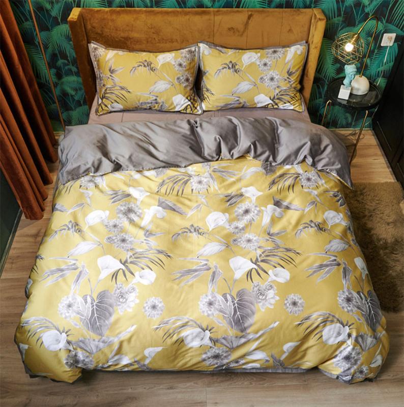 

Trend pastoral bedding set, queen king 60s cotton yellow grey flower double home textile bed sheet pillow case quilt cover, Picture color