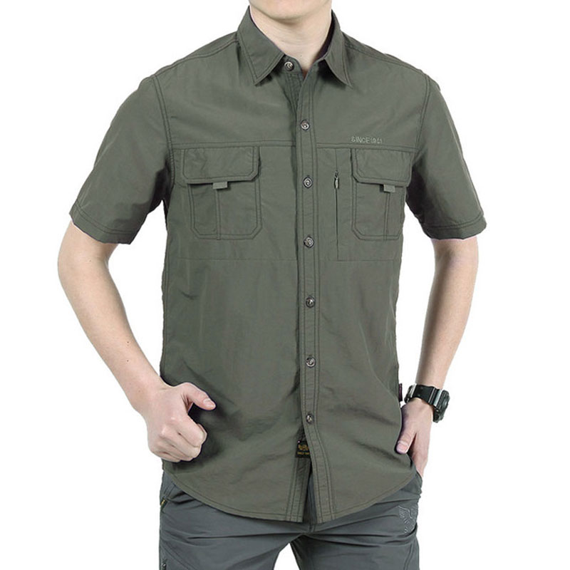 

Anniversary Sale Men Shirt Button Down Short Sleeve Outdoor Quick Dry Shirt 2020 Casual Mens Fishnet Shirts with Pocket 4XL, Army green