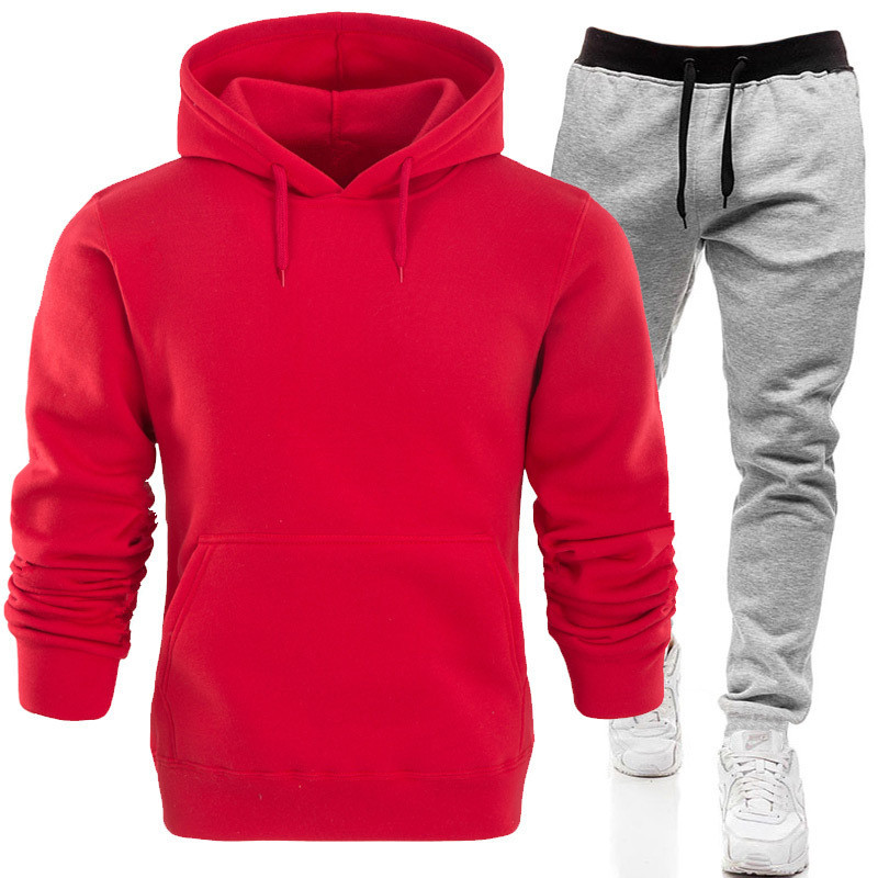 

Sports suit sportswear hoodie pant men solid cotton pocket casual fitness clothes warm sportswear 2pcs set casual clothing, Black