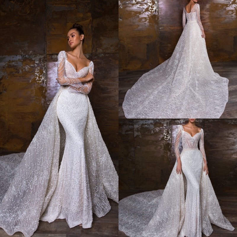 

2019 Crystal Design Mermaid Wedding Dresses With Detachable Train Gorgeous Lace Luxury Wedding Dress Appliqued Country Bridal Gowns, Same as image
