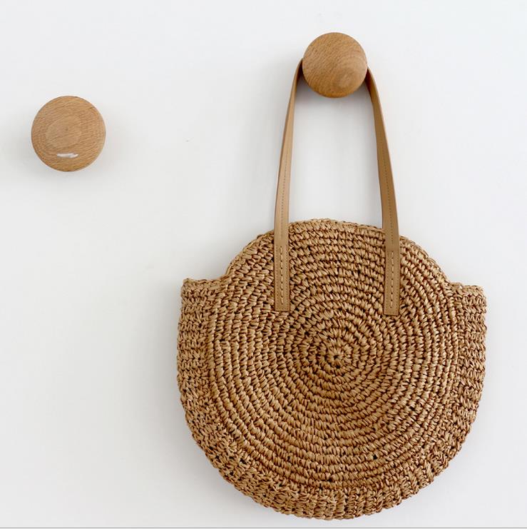 

2Colors Women Round Circular Rattan Wicker Straw Woven Shoulder Bag Lady Solid Zipper Big Capacity Beach Bag