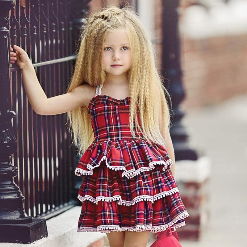 

2020 Summer Dress Toddler Baby Girls Sleeveless Sundress Straps Plaid Dress Gothic Punk Floral Lace Ruffles Outfit Tutu Dresses, Red
