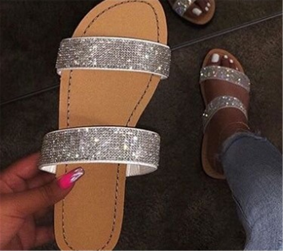 

2colors Summer Rhinestone Flats Ladies Sandals Casual Beach Slippers High Quality PH-CFY20061842, Pink