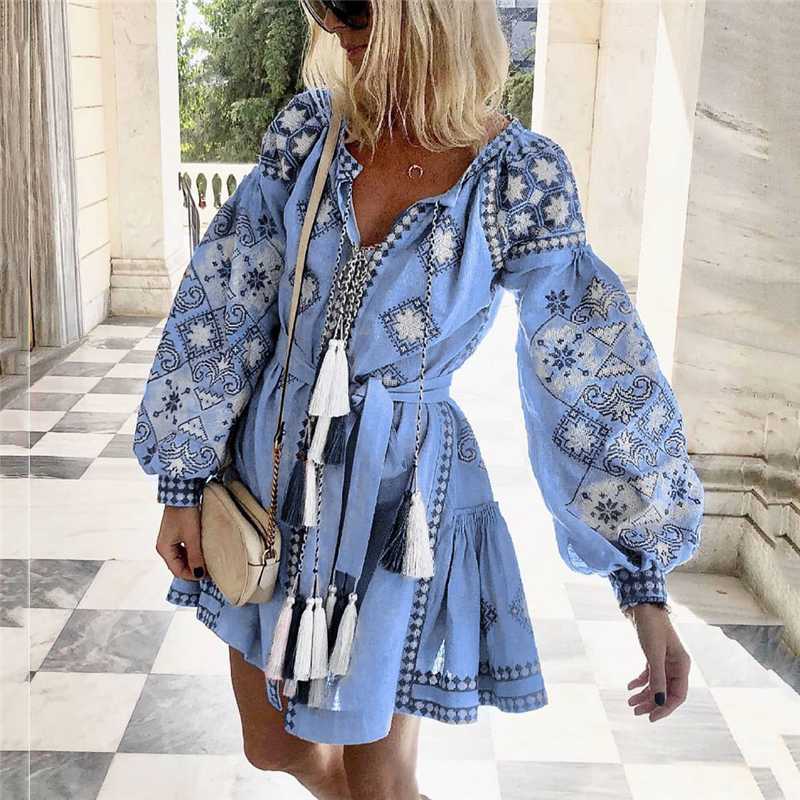 Gland ceintures Mini robes femmes été automne Sexy col en v Boho robe 2019 nouveau bohème imprimé fleuri robe de plage robes