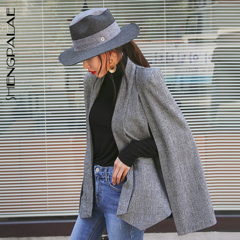 

SHENGPALAE 2020 Vintage Fahsion Turn-down Collar Suit New Spring Summer Black Slim Cloak Style Shawl Women Coat Tide FN086