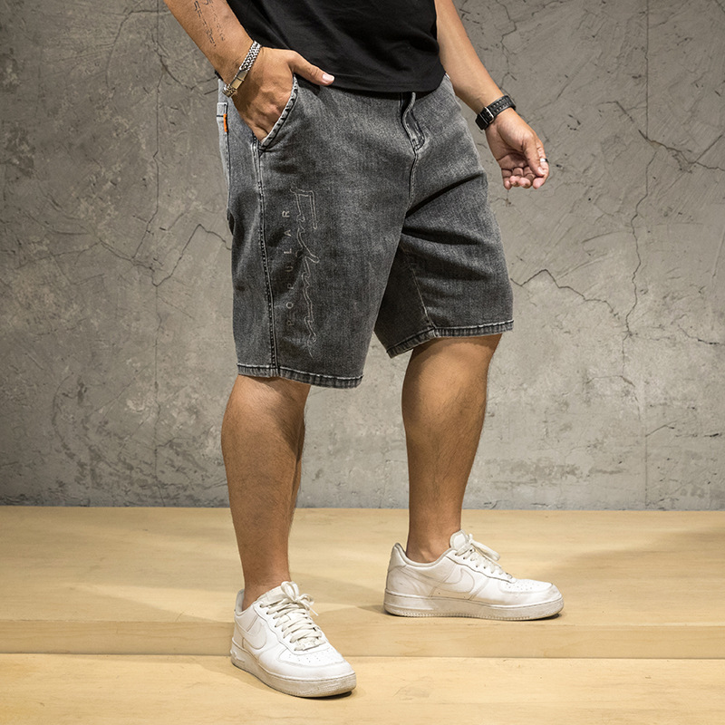 

Men's denim shorts summer hot plus size casual loose stretch denim high waist short men's plus size jeans, Grey