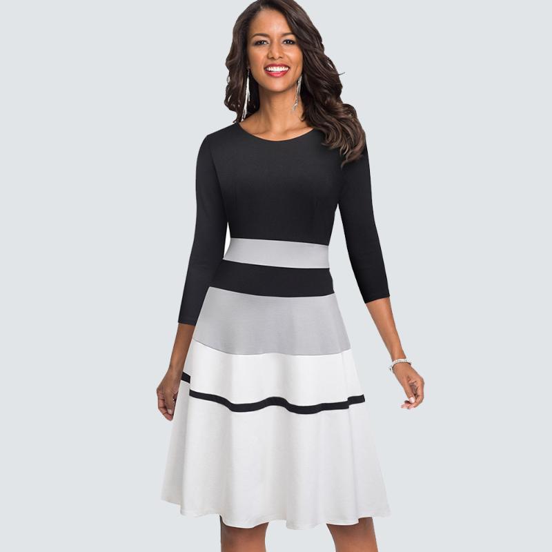 

Autumn Fashion O neck Patchwork Elegant Swing A line dress Casual Stripe Slim Party dress HA173, Black