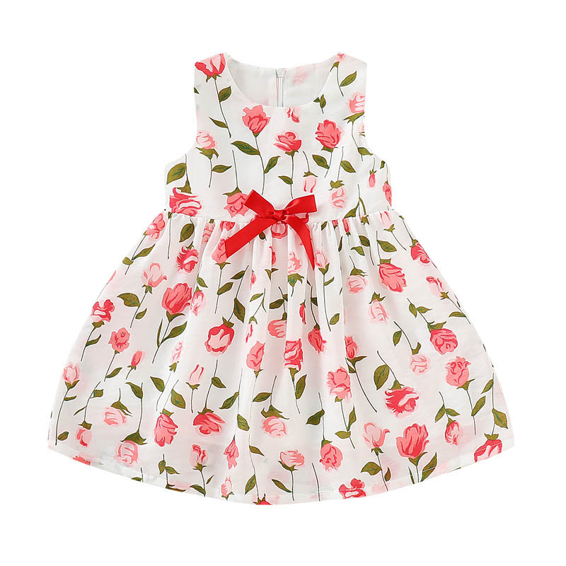 

Baby Girls Floral Dress Kids Printed Pleated Ruffle Bow Zipper Dress Kids Leisure Clothes Girls Princess Knee-Length Woven Skirts 06, Pink