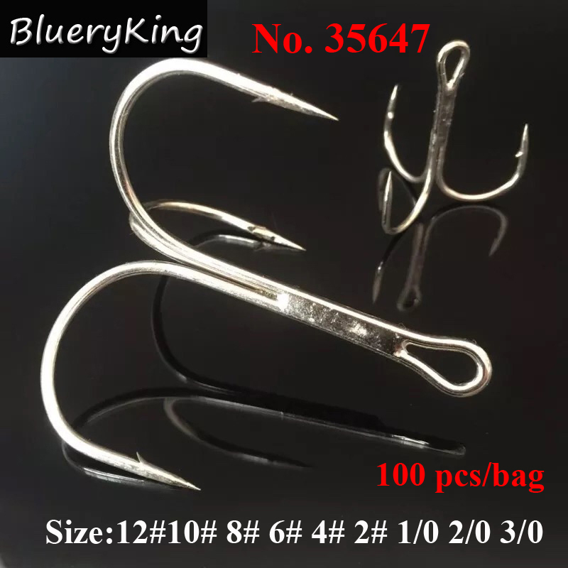 

BlueKim 100pcs/bag 35647 High Carbon Steel Treble Fishing Hook Silver Color Small Round Bent Triple Hard Lure Spoon Fishhook