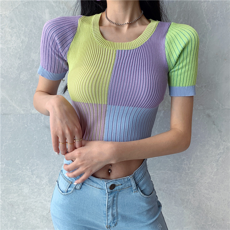

patchwork round collar cropped T-shirt new female students short sleeve tshirts crop tops for girls 2020 summer real photos, Pink
