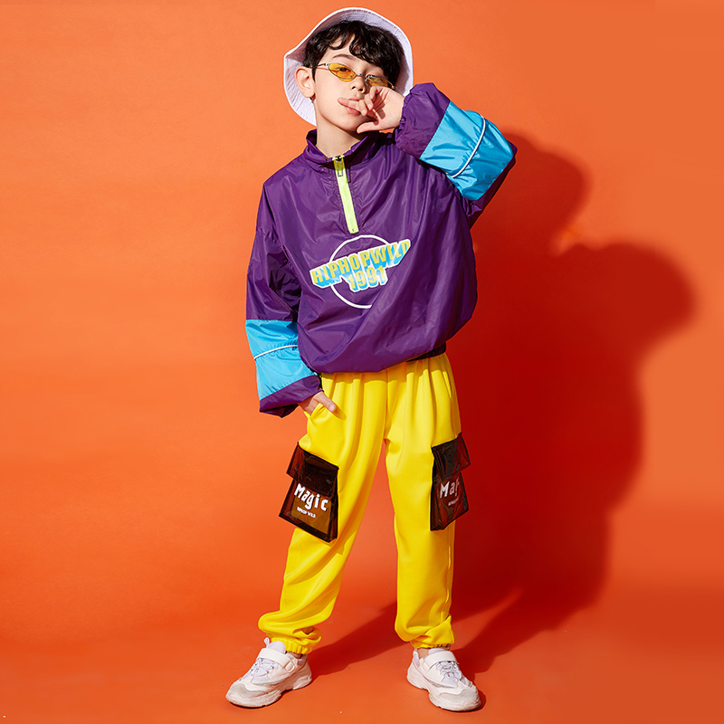 

Street Wear Kids Vestido Hip Hop Boys Costume Purple Long Sleeve Top+Yellow Pant School Group Dance Ropa Hip Hop Kids BL1956