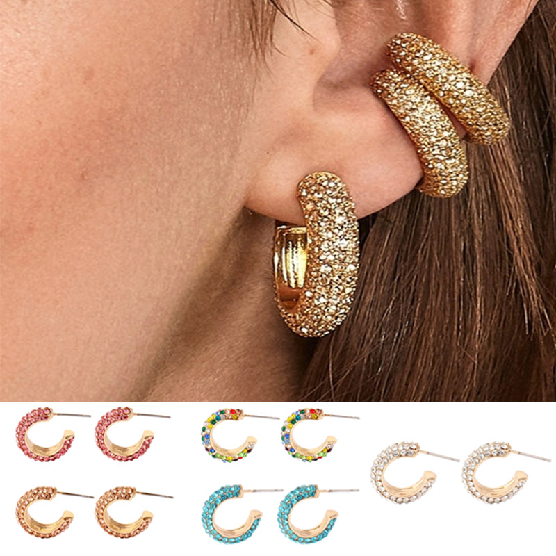 

Fahshion Round Gold Mini Stud Earrings Colorful C-shaped Rhinestones Copper Earring Bridal Party Jewelry for Women J55